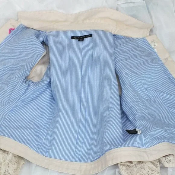 Vintage Boston Proper Small Beaded Floral Embroidered Denim Jacket Lace Cuffs - Picture 11 of 15